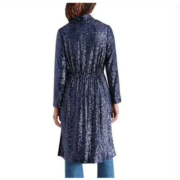 Steve Madden Showstopper Sequin Duster Jacket L NWT Blue Jacket Coat Glam Long - Picture 2 of 8